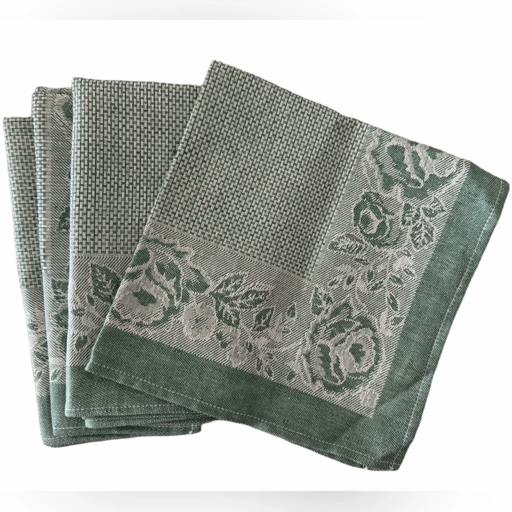 Set of 4 Green Floral Linen/Cotton Blend Cloth Napkins